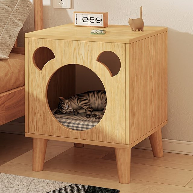 LIUSHADUOLA Katzenhaus aus Holz als Nachttisch für den Innenbereich in Weiß oder Braun - Bild 1