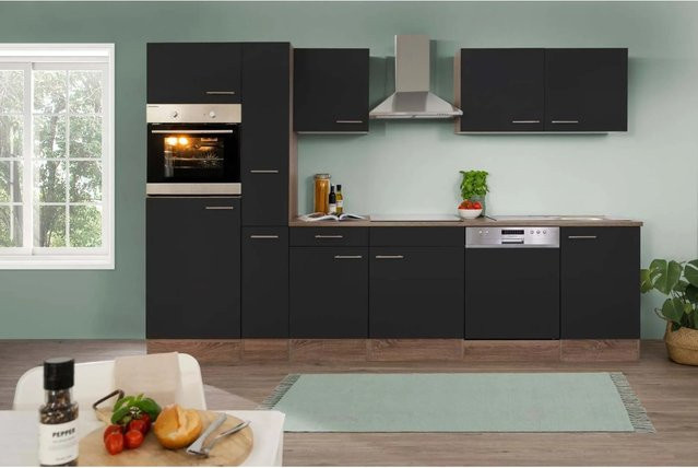 Respekta Küchenzeile York ohne Elektrogeräte in Schwarz Seidenglanz und Eiche, Breite: 310 cm, Höhe: 205 cm, Tiefe: 55,5 cm - Bild 1
