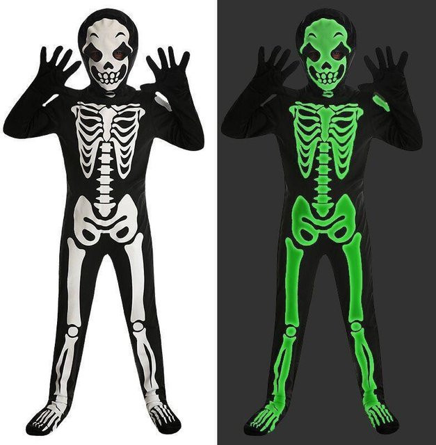 Kinder Halloween Skelett Kostüm, Leuchtet Im Dunkeln, Overall, Schwarz - Bild 1