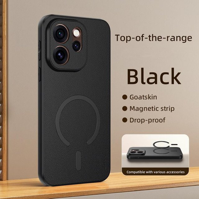 Magnetische Ring-Handyhülle aus Ziegenleder für OPPO Find X9 Pro, Reno 15 Pro Max, A6 Pro und F31 Pro in Schwarz - Bild 1