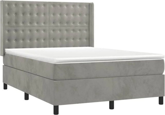 vidaXL Boxspringbett mit Matratze in Hellgrau, Hybridbett mit LED-Unterbettbeleuchtung und USB-Ladeport, Samt, B/T/H: 140 x 200 x 128 cm - Bild 1