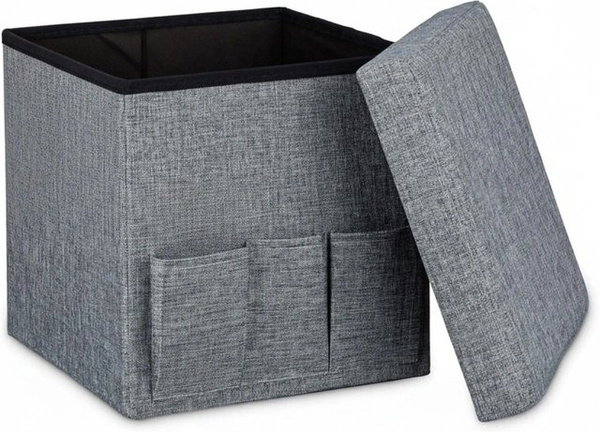 Relaxdays Falthocker Cube aus Leinen in Grau mit Taschen, B/T/H: 38 x 38 x 38 cm