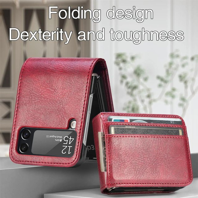 HQBBRO Leder-Portemonnaie-Hülle für Samsung Galaxy Z Flip 6 5 4 3 5G mit Kartenstecktaschen in Rot - Bild 1