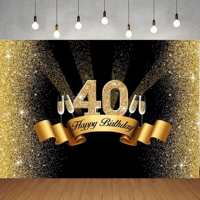 Glitzernder Happy 40th Birthday Banner in Schwarz und Gold als Fotostudio-Hintergrund für deine Geburtstagsfeier, Breite: 75 cm, Höhe: 50 cm - Bild 1