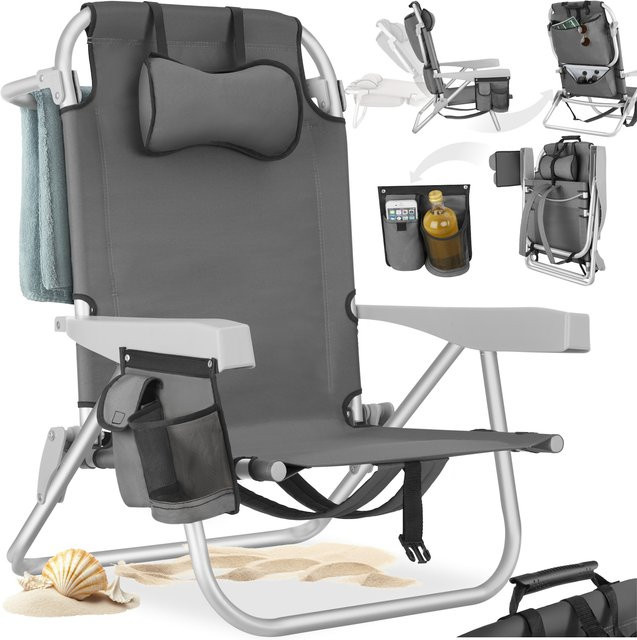 tectake Aluminium Strandstuhl Grau, klappbar mit Rucksackfunktion, verstellbarer Kopfstütze und Kühltasche, H x B x T: 78 x 63 x 120 cm - Bild 1
