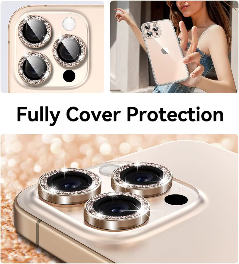 Kameraobjektivschutz Set für Apple iPhone 17-11 Pro Max mit Glitzer-Metallrand aus gehärtetem 9H HD Glas in Wüstentitan-Gold - Bild 4