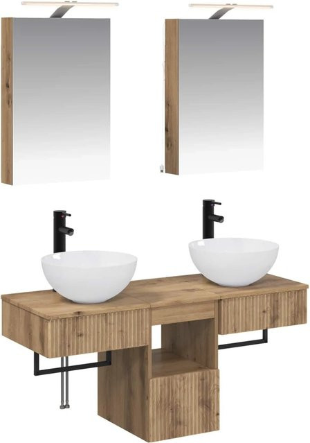 vidaXL Badezimmerschrank-Set 5-teilig in Artisan-Eiche, modern und matt, mit Waschtischunterschrank und Spiegelschrank inklusive LED-Beleuchtung, Farbe: Braun, B/T/H: 40 x 10,5 x 60,5 cm - Bild 1