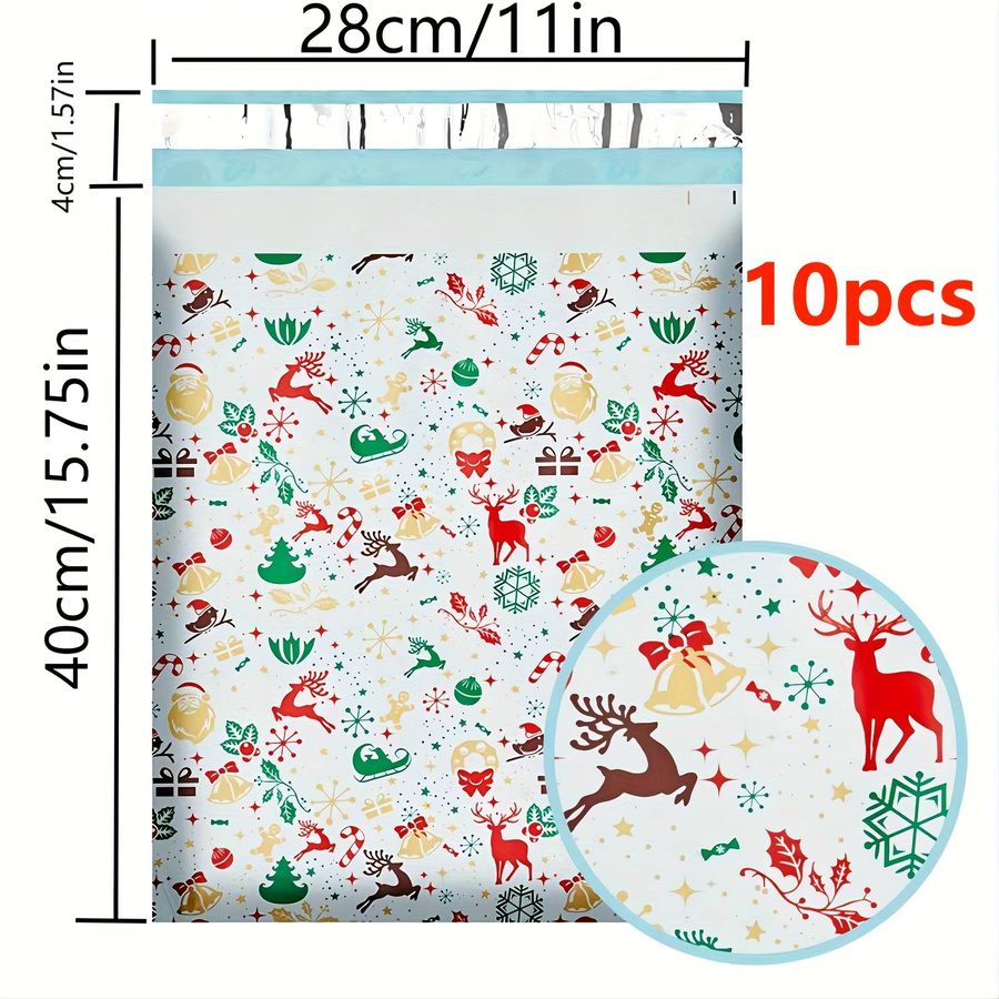 10er Set wasserdichte Weihnachts-Versandtaschen mit Rentier-Cartoon, selbstklebende Geschenktüten in Multicolor für Büro und Party - Bild 2