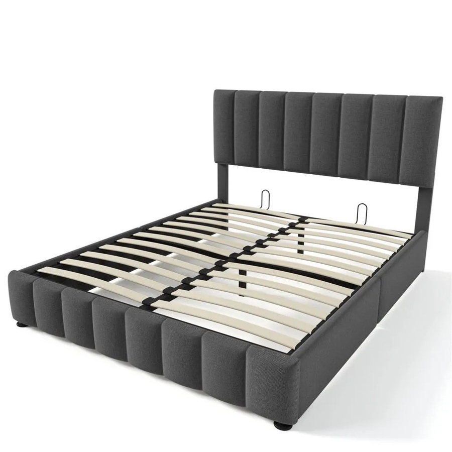 KOMHTOM Doppelbett mit hydraulischem Stauraum und Metalllattenrost, gepolstert mit Leinenbezug, Grau, B/T/H: 140 x 200 x 153 cm - Bild 2