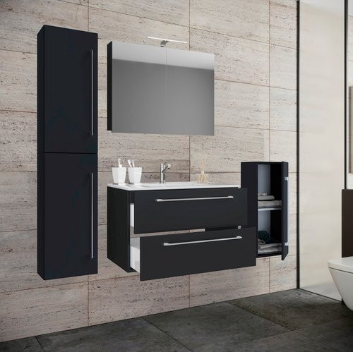 VCM Badmöbel-Set Badinos in Schwarz Matt mit Waschtisch, Spiegelschrank und Hochschrank, B/H/T: 60 x 150 x 46 cm - Bild 1