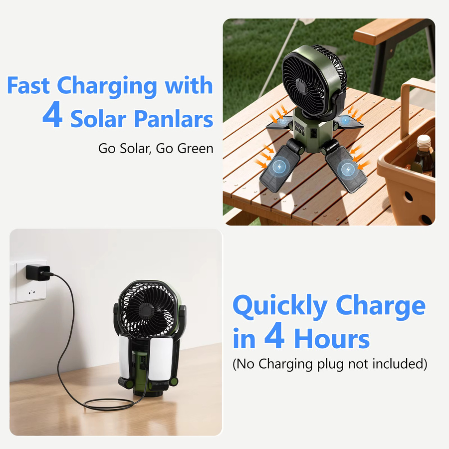 Eary Solarbetriebener Ventilator mit LED-Licht und 6000 mAh Akku in Grün für Camping und Outdoor - Bild 2