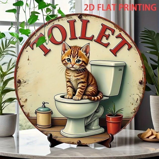 Vintage Badezimmerdekoration aus Metall mit orangefarbenem Tabby-Kätzchen und Toilettenschild von Potdemiel - Bild 1