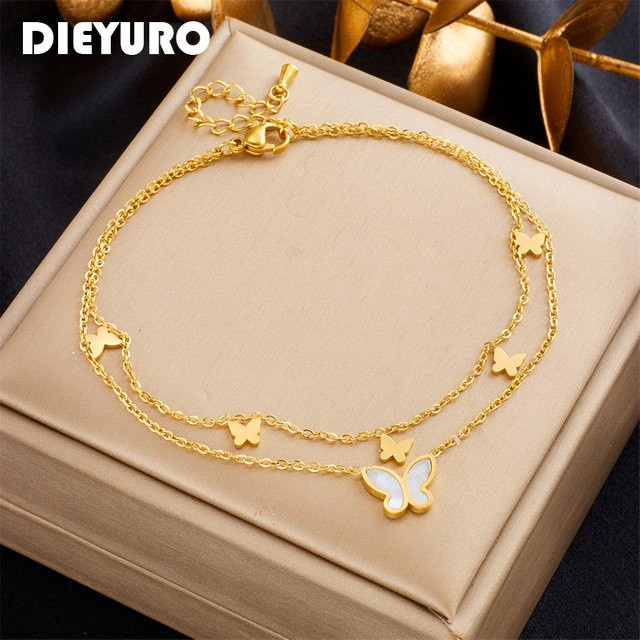 DIEYURO Fußkettchen Edelstahl, Gold, Schmetterling, Damen - Bild 1