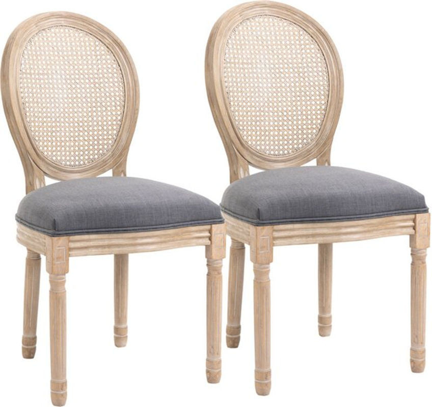 HOMCOM 2er Set Esszimmerstühle im französischen Stil mit Rattan-Rückenlehne und Leinenoptik in Grau - Bild 1