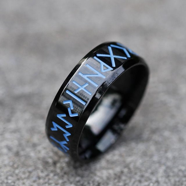 Lucky Star Jewelry Ring Edelstahl, Blaue Runenbuchstaben, Schwarz, Herren - Bild 1