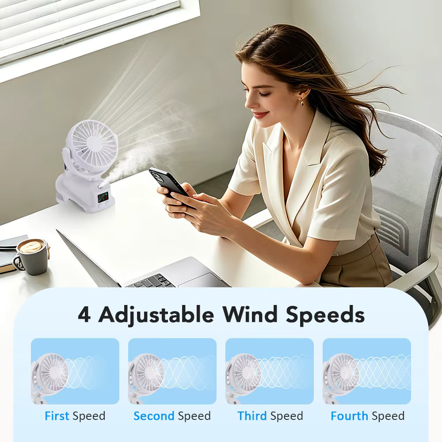 AFDEAL USB-Tischventilator mit Clip-On-Design, 4 Geschwindigkeitsstufen, LED-Digitalanzeige und Nebelfunktion in Weiß - Bild 3
