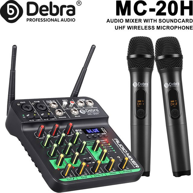 Debra MC-20H UHF 4-Kanal-Audiomixer in Schwarz mit zwei drahtlosen Mikrofonen und Bluetooth 5.0 für Webcasts, Karaoke und DJ-Einsätze - Bild 1