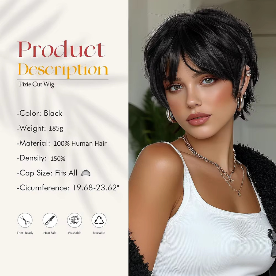 OYM HAIR Pixie Cut Perücke, 100 % Echthaar, Glattes Haar, Damen - Bild 4