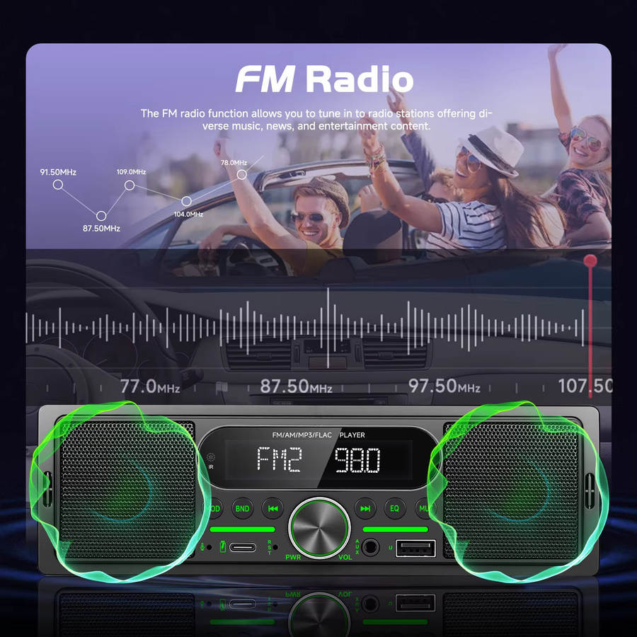Podofo 1DIN In-Dash Autoradio mit Dual-Bluetooth, USB, SD, AUX und FM/AM Empfänger in Schwarz - Bild 3