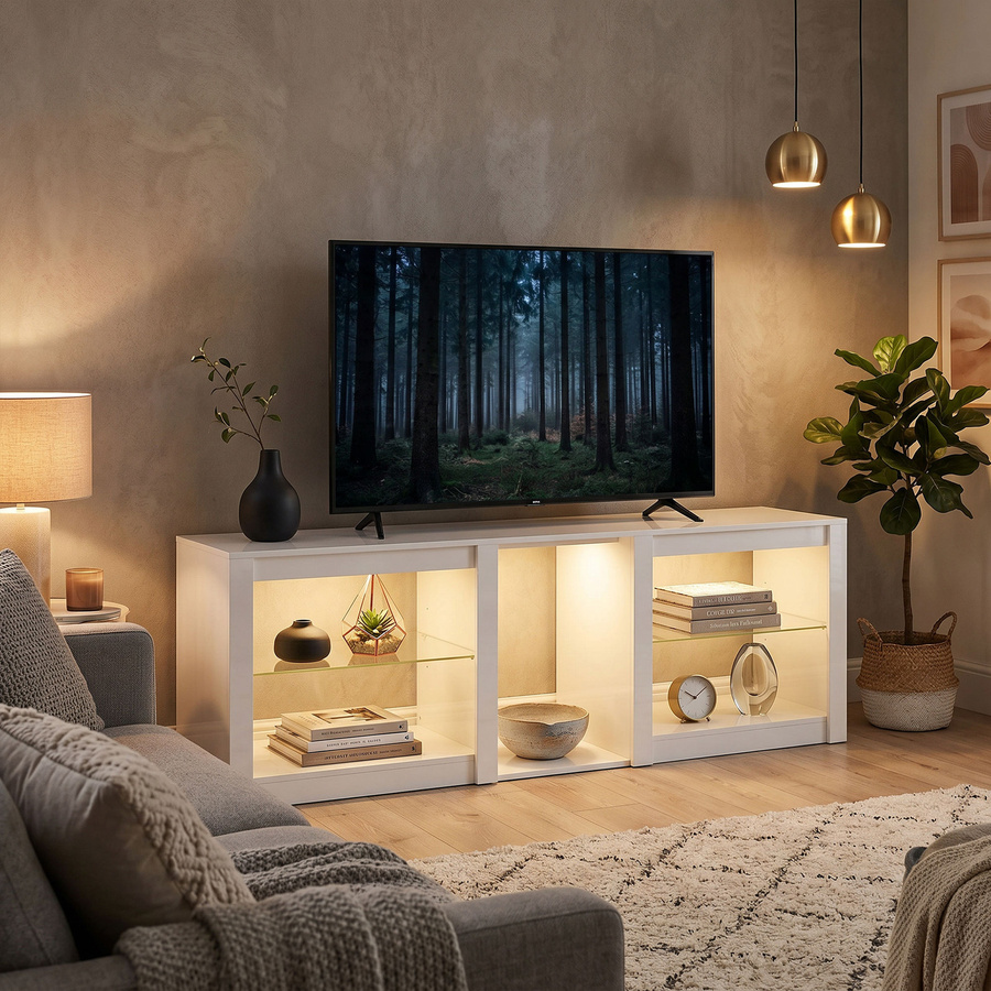 HOMCOM TV-Lowboard in Weiß mit LED-Beleuchtung und Hochglanz-Finish für Fernseher bis 75 Zoll, modernes TV-Möbel mit Glasböden und offener Ablage, Breite: 160,0 cm - Bild 2
