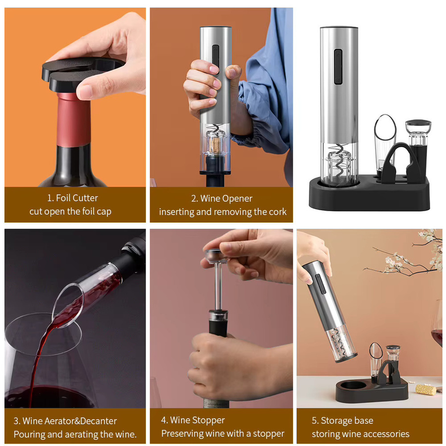 FLYMUYU Elektrisches Weinöffner-Set aus Edelstahl in Silber mit Ständer, Folienschneider, Ausgießer und Stopper - Bild 4