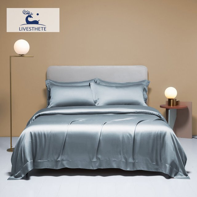 Liv-Esthete Bettwäsche Set aus 100 % Seide in Blau und Grau, bestehend aus Bettbezug, Kissenbezug und Spannbettlaken, B/H: 150 x 200 cm - Bild 1