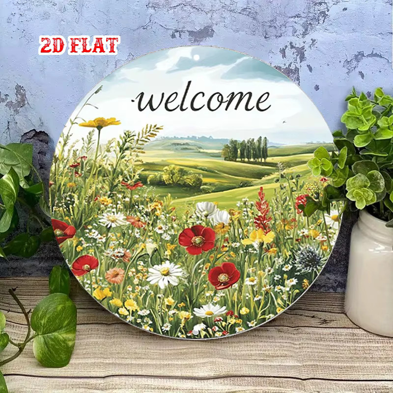 Potdemiel Rundes Metall-Wandkunstschild mit Blumenwiese und Willkommensgruß im Vintage-Design, Mehrfarbig, Durchmesser: 19,81 cm - Bild 4