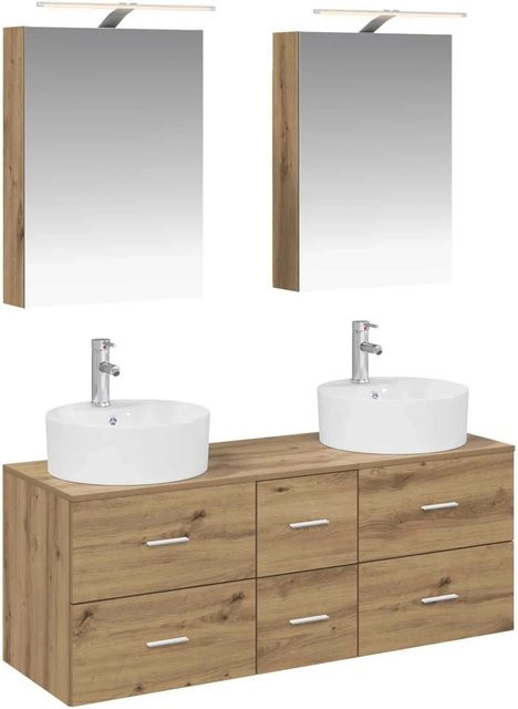 vidaXL Badezimmermöbel-Set 5-teilig in Artisan-Eiche mit Glas, Spiegelschrank, Wandschrank und Waschtischunterschrank, Braun, Matt - Bild 1