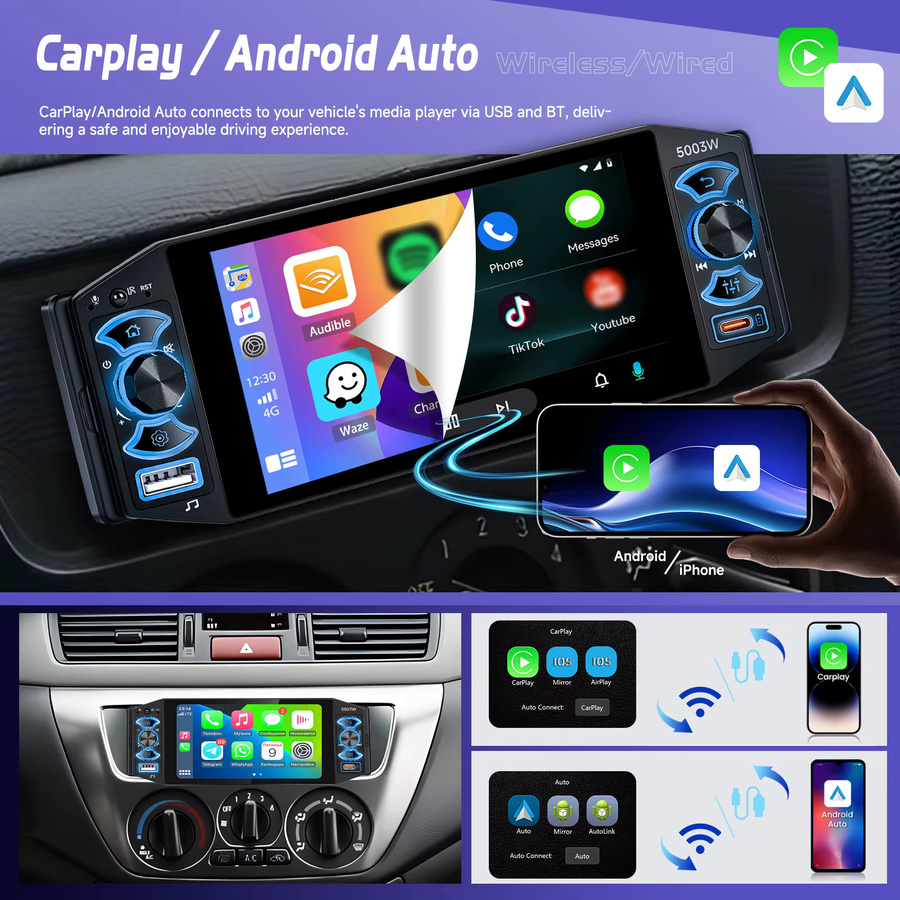 Podofo Kabelloses CarPlay Autoradio mit 5-Zoll-IPS-Bildschirm, Bluetooth, USB und Android Auto in Schwarz - Bild 2
