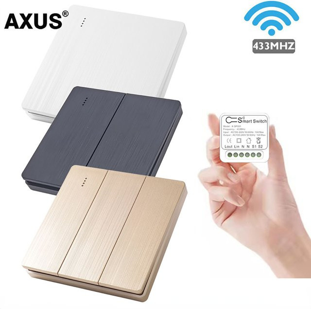 AXUS Drahtloser Lichtschalter LED Druckschalter Modul Empfänger mit Fernbedienung 433 MHz AC220V 2-Wege-Steuerung in Gold oder Weiß/Schwarz/Gold/Messing - Bild 1