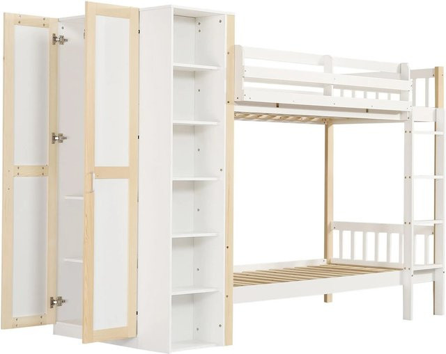 KOMHTOM Etagenbett für Kinder mit Fallschutz-Gitter, 4-stufiger Leiter, 6 offenen Regalen und Kleiderschrank, Kiefer und Weiß/Natur, B/T/H: 200 x 90 x 176,5 cm - Bild 1
