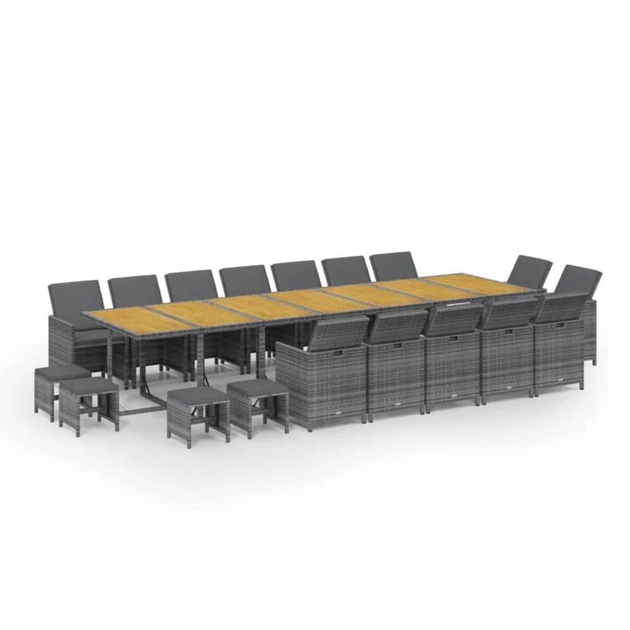 vidaXL 19-teilige Garten-Essgruppe aus Poly Rattan und massivem Akazienholz in Grau mit Kissen - Bild 2
