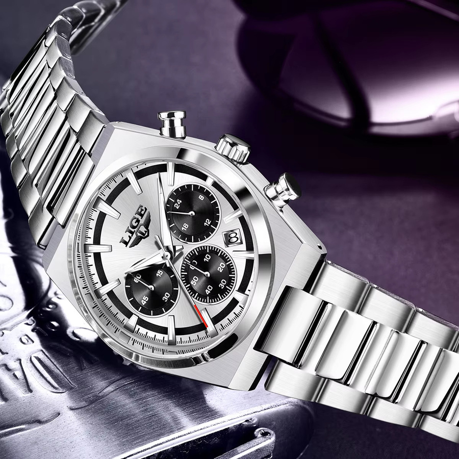 LIGE Chronograph Armbanduhr, Quarz, Edelstahl, Gold, Herren - Bild 5