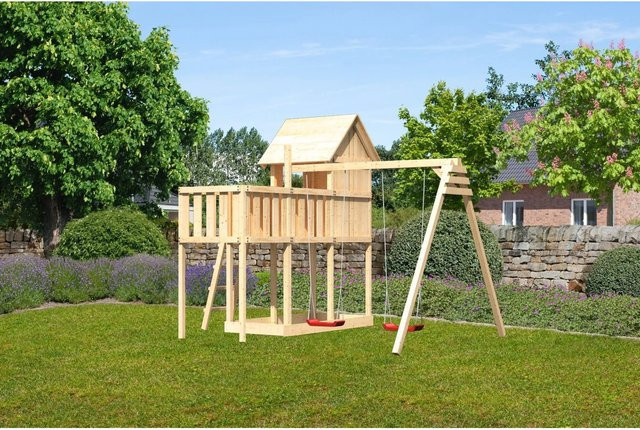 Karibu Stelzenhaus Frieda aus Massivholz mit Doppelschaukel, Anbauplattform, Holzleiter und Sandkasten in Braun - Bild 1
