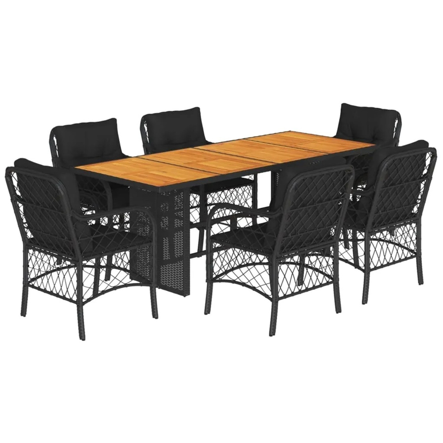vidaXL 7-teilige Garten-Essgruppe aus Poly-Rattan und Akazienholz in Schwarz mit Kissen - Bild 2