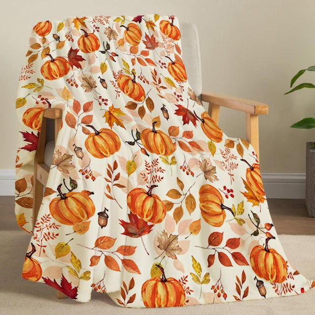 JMG Household Supplies Herbstliche Flanell-Überwurfdecke mit Ahornblatt- und Kürbis-Print, Multicolor, B x H: 75 x 100 cm - Bild 1