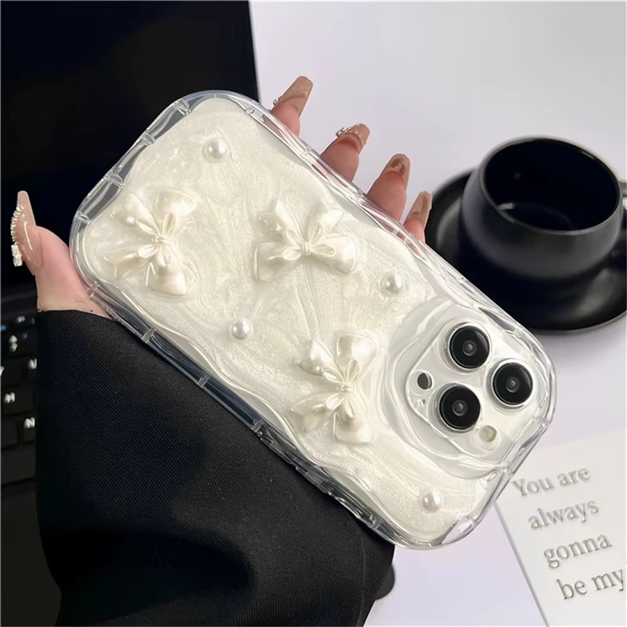 DTLeaf Handyhülle mit 3D-Schleifen und Perlen für iPhone 11 bis iPhone 16 Pro Max, Stoßfestes Softcover, Weiß - Bild 2