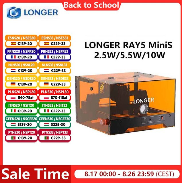 LONGER RAY5 MiniS Lasergraveermachine mit Einzeldiode in Schwarz, FAC-Technologie, unterstützt USB/WiFi/App-Steuerung, Arbeitsbereich: 130 x 140 mm - Bild 1