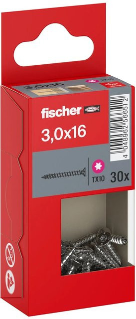 Fischer PowerFast II A2 Senkkopf TX Vollgewindeschraube aus Edelstahl in Silber, Durchmesser: 3 mm, Länge: 16 mm, 30 Stück - Bild 1