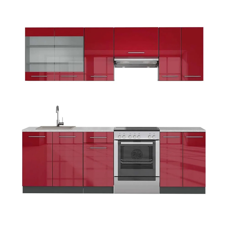Vicco Fame-Line Küchenzeile Bordeaux Hochglanz und Anthrazit mit Marmor-Optik B/H/T: 240 x 82 x 60 cm - Bild 2