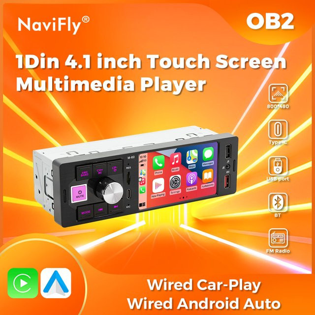 NaviFly 1Din MP5 Autoradio mit 4,1 Zoll Touchscreen in Schwarz mit Wired Carplay und Android Auto Multimedia-Video-Player - Bild 1