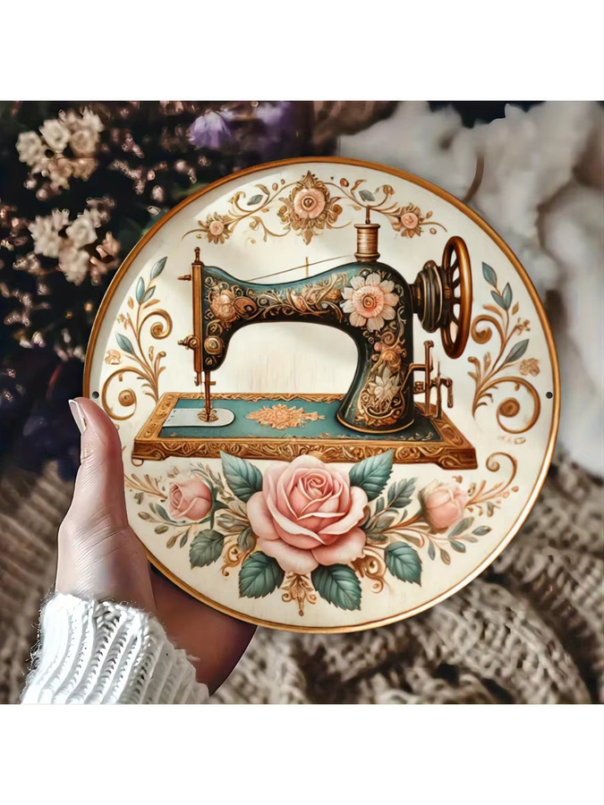 Potdemiel Vintage Wandkunst Nähmaschine mit floralem Rosenmuster aus Metall, B/H: 19,81 x 19,81 cm, Mehrfarbig - Bild 6
