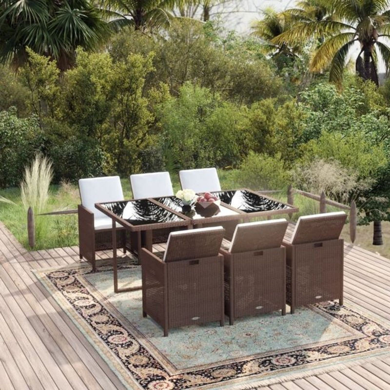 7-teilige moderne Garten-Essgruppe aus Poly-Rattan mit Kissen in Braun und Creme von vidaxl - Bild 1