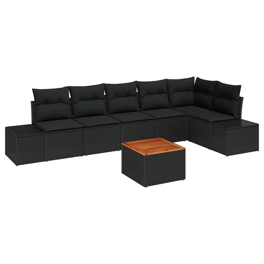 vidaXL Garten-Sofa-Set 7-teilig in Schwarz mit Poly-Rattan, pulverbeschichtetem Stahl und Akazienholz inklusive Tisch und Polstern mit Stauraum - Bild 2
