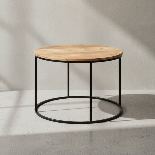 KADIMA DESIGN Couchtisch aus Massivholz Akazie in Braun mit runder Ablage und Edelstahlgestell, Durchmesser: 60 cm, Höhe: 43 cm - Bild 1