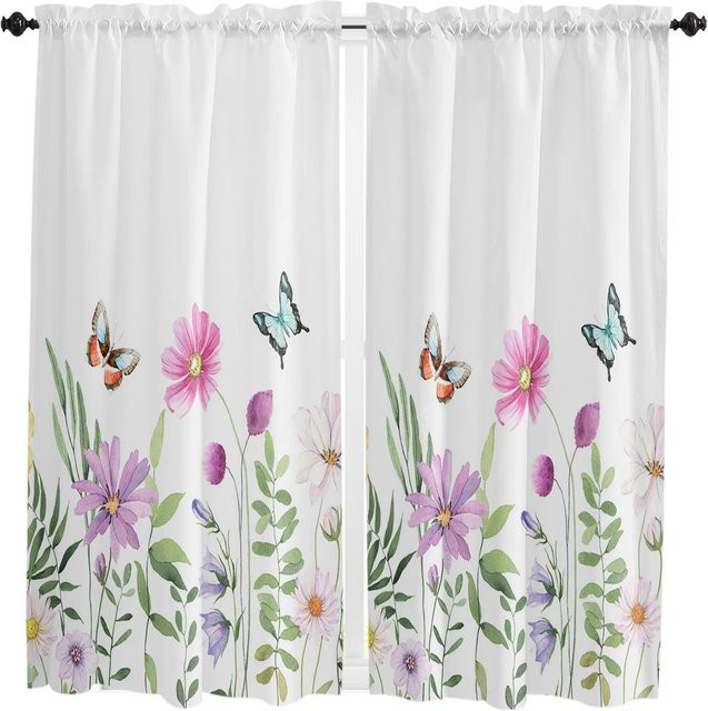 Yiran Furniture Kurzvorhang mit Blumen- und Schmetterlingsmuster, halbtransparent, Mehrfarbig, B: 60 cm, H: 150 cm, 2er-Set inklusive Haken - Bild 1