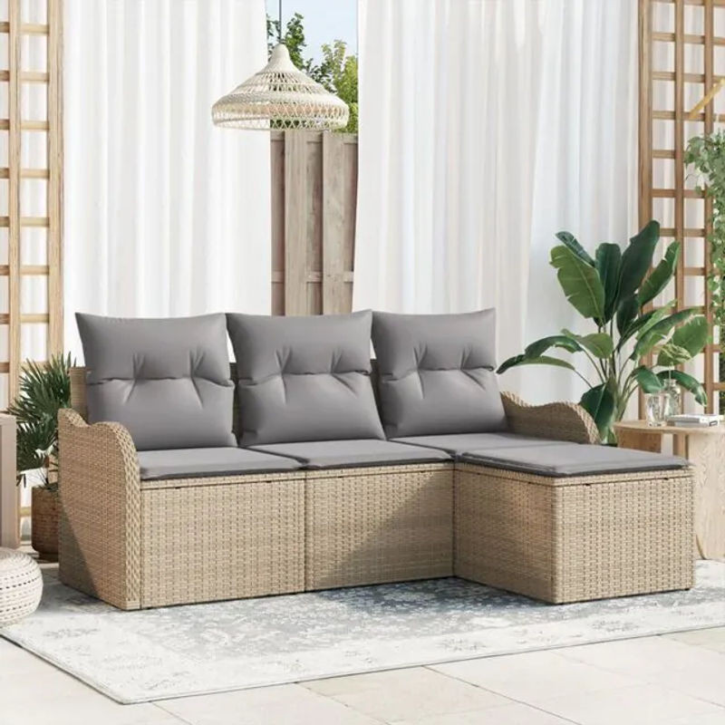 vidaXL Garten-Sofa-Set aus Poly-Rattan mit Kissen und Stauraum in Beige, 4-teilig - Bild 1