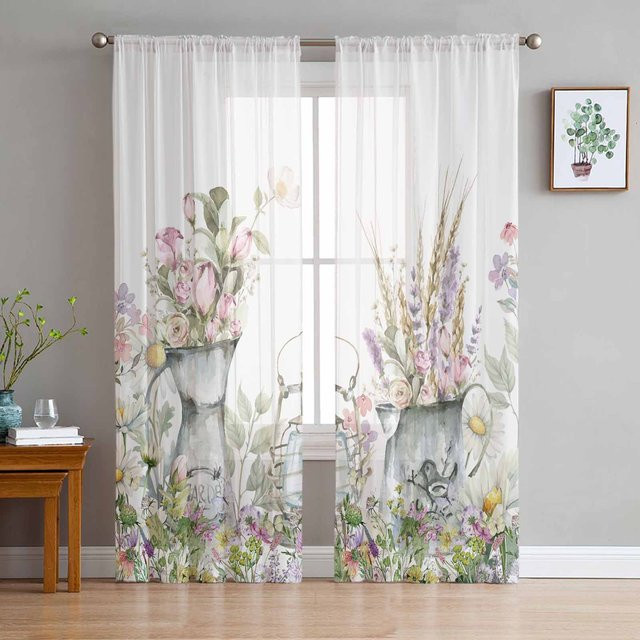 Transparente Aquarell-Fenstervorhänge mit Blumenmuster aus Organza und Tüll, Farbe: Weiß, B: 135 cm, H: 115 cm - Bild 1