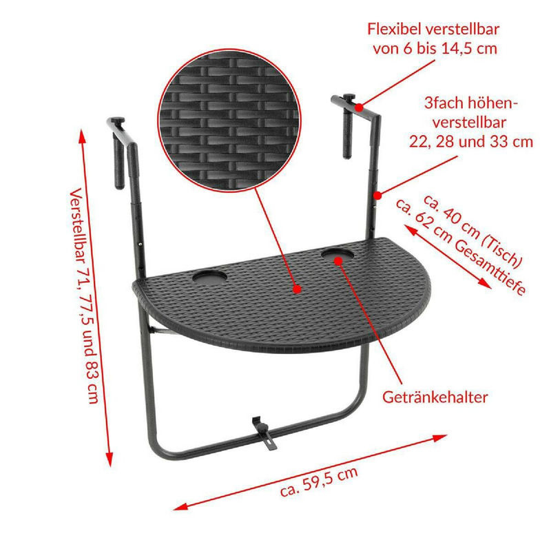 VCM Balkonhängetisch aus Polyrattan in Schwarz, klappbarer Wandklapptisch, B: 59 cm, H: 83 cm, T: 63 cm - Bild 3