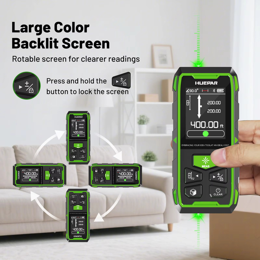 Huepar Bluetooth Dual-Laser-Entfernungsmesser mit grünem Laserstrahl, Messgerät mit LCD-Display und Hintergrundbeleuchtung, Farbe: Grün/Schwarz - Bild 5